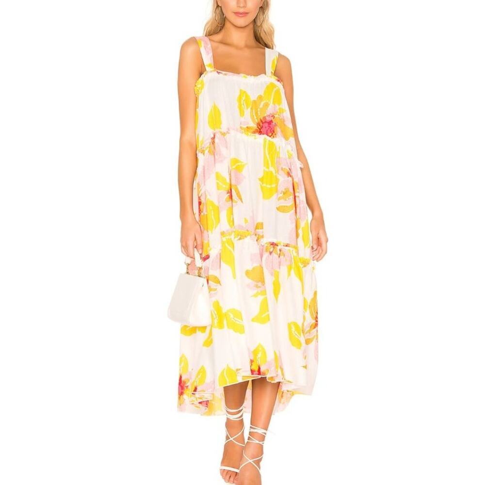 Free People Moonshine Midi Flower Linen Tiered Dress Anthropologie Boho Hippie